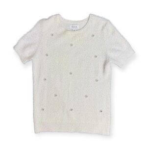 Elle Size Medium Sweater White Faux Fur Short Sleeved Beaded Flowers Knit